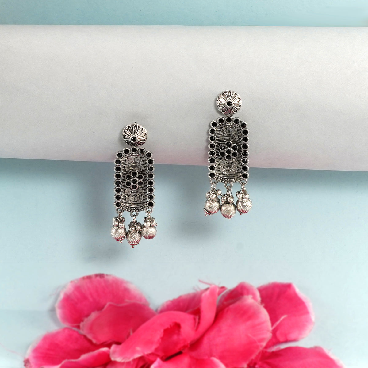 Oxidized Silver Embellished Long Danglers