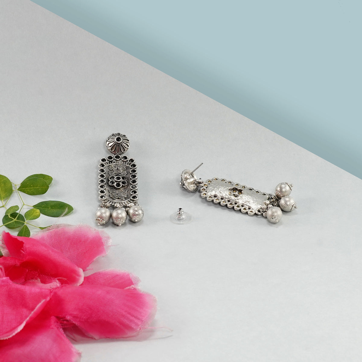 Oxidized Silver Embellished Long Danglers