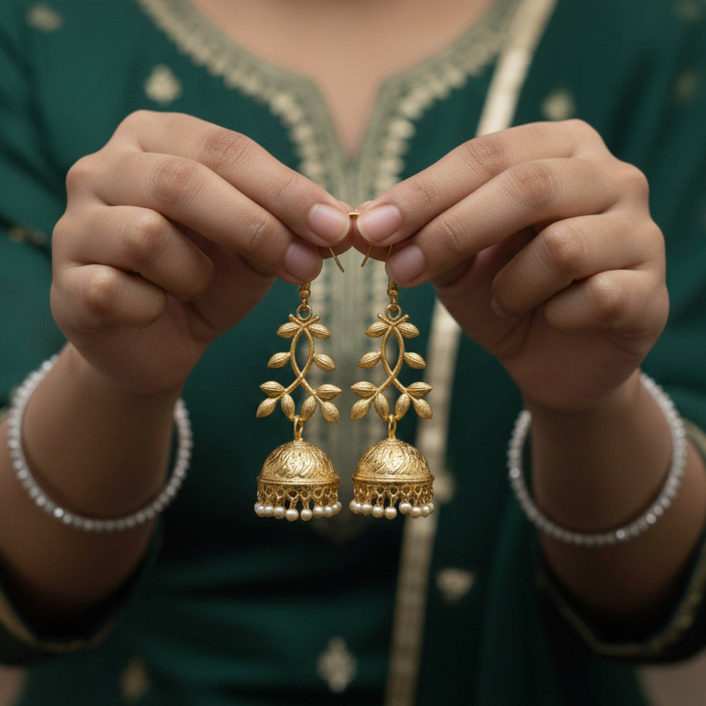 Golden Leaf Drop Jhumkas