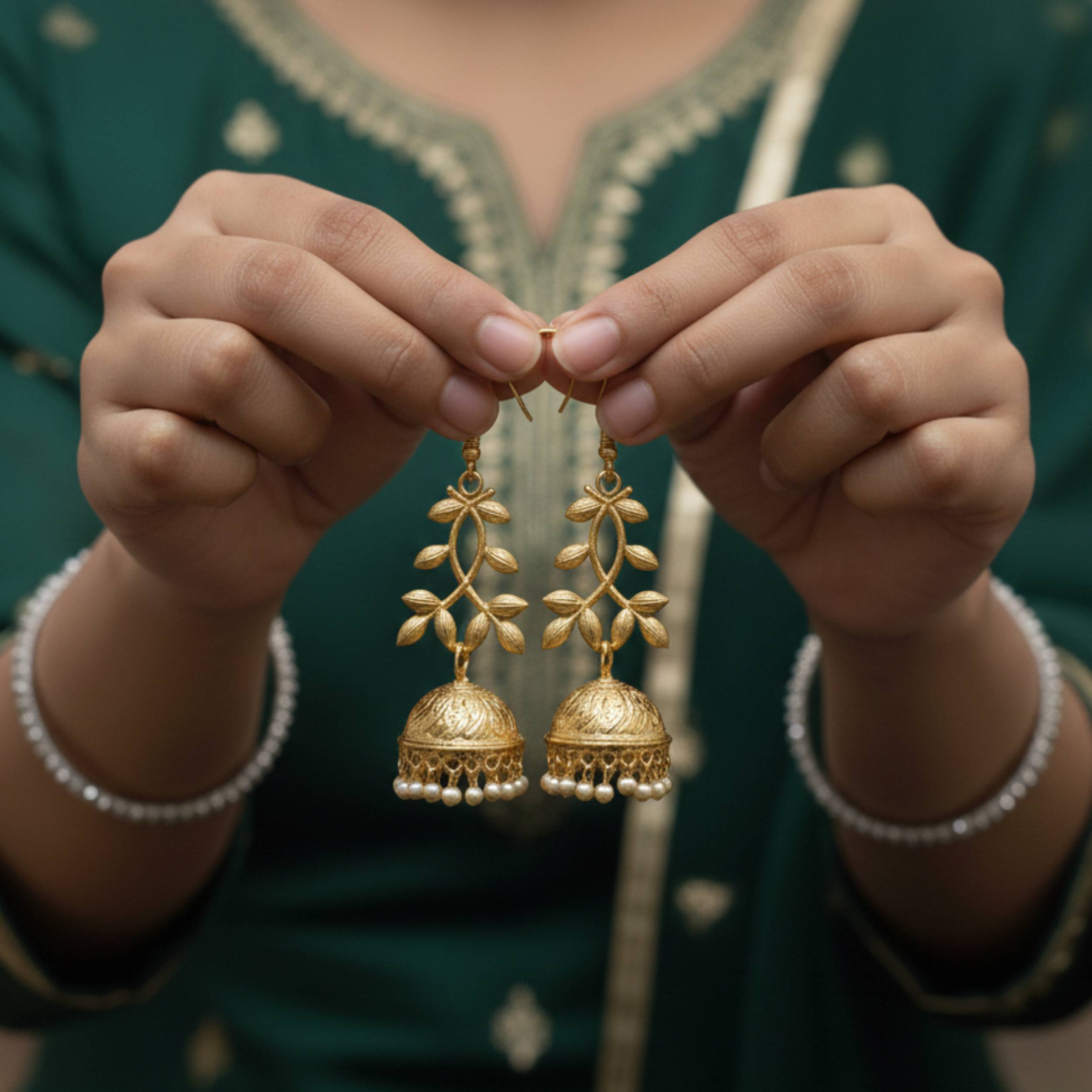 Golden Leaf Drop Jhumkas