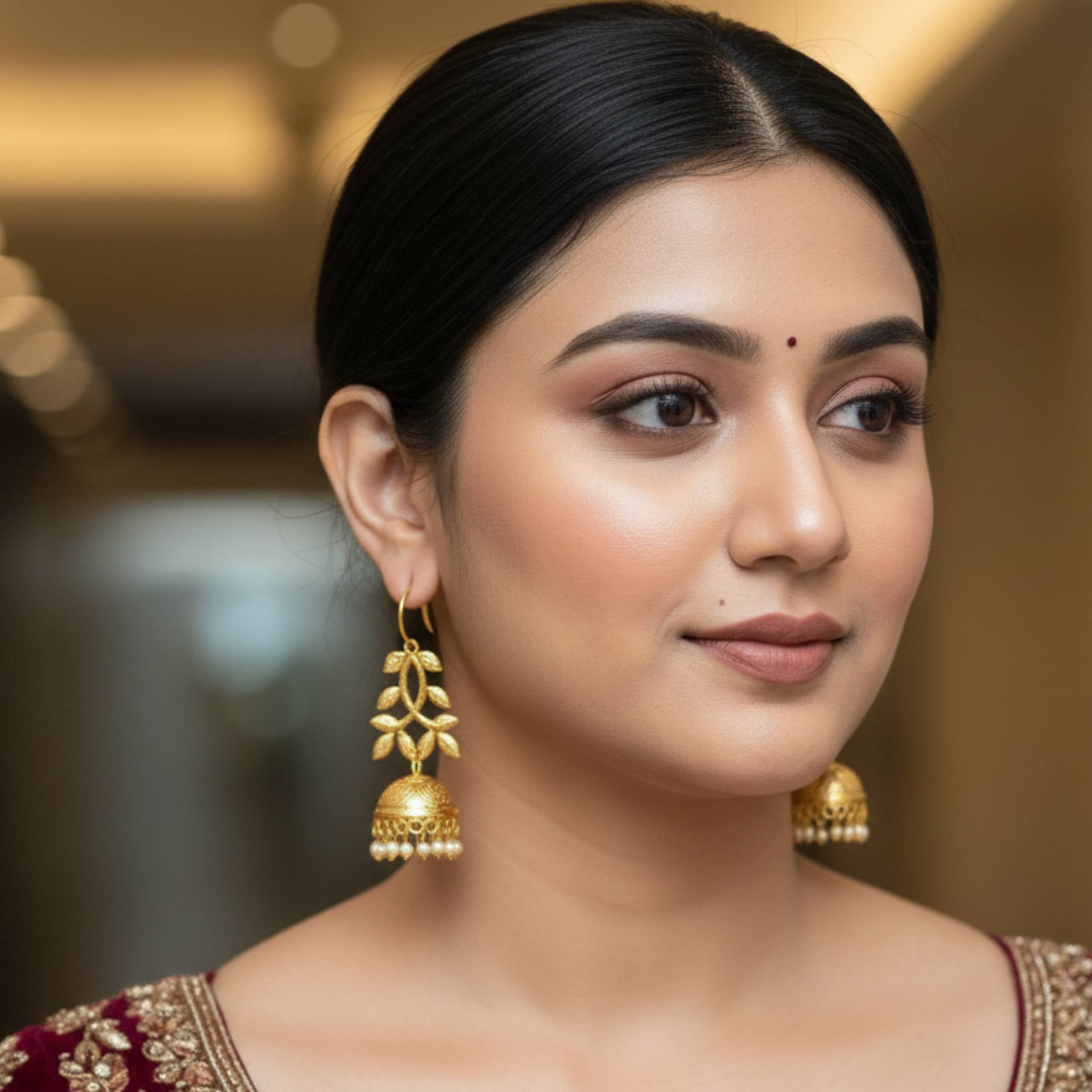 Golden Leaf Drop Jhumkas