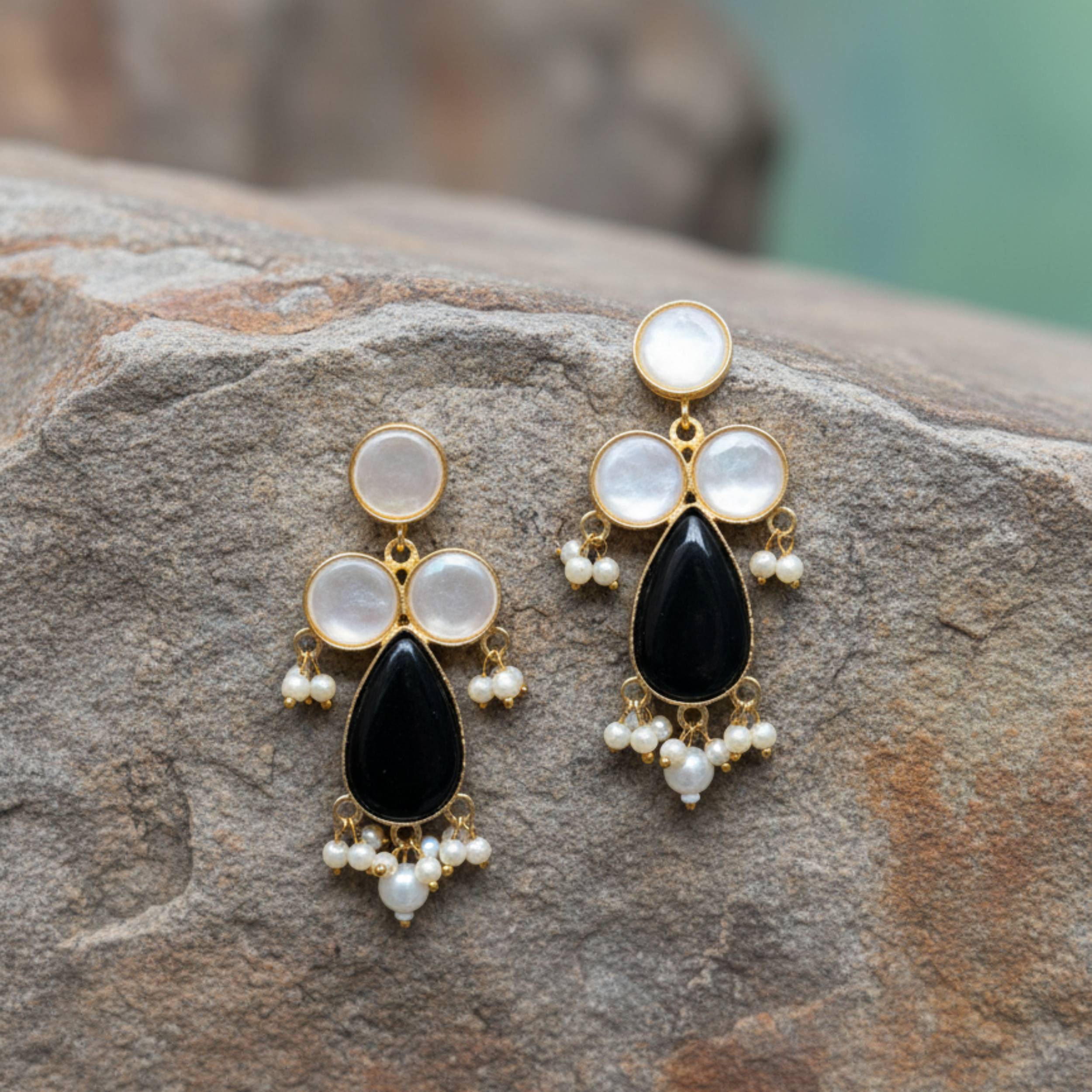 Midnight Pearl Brass Danglers