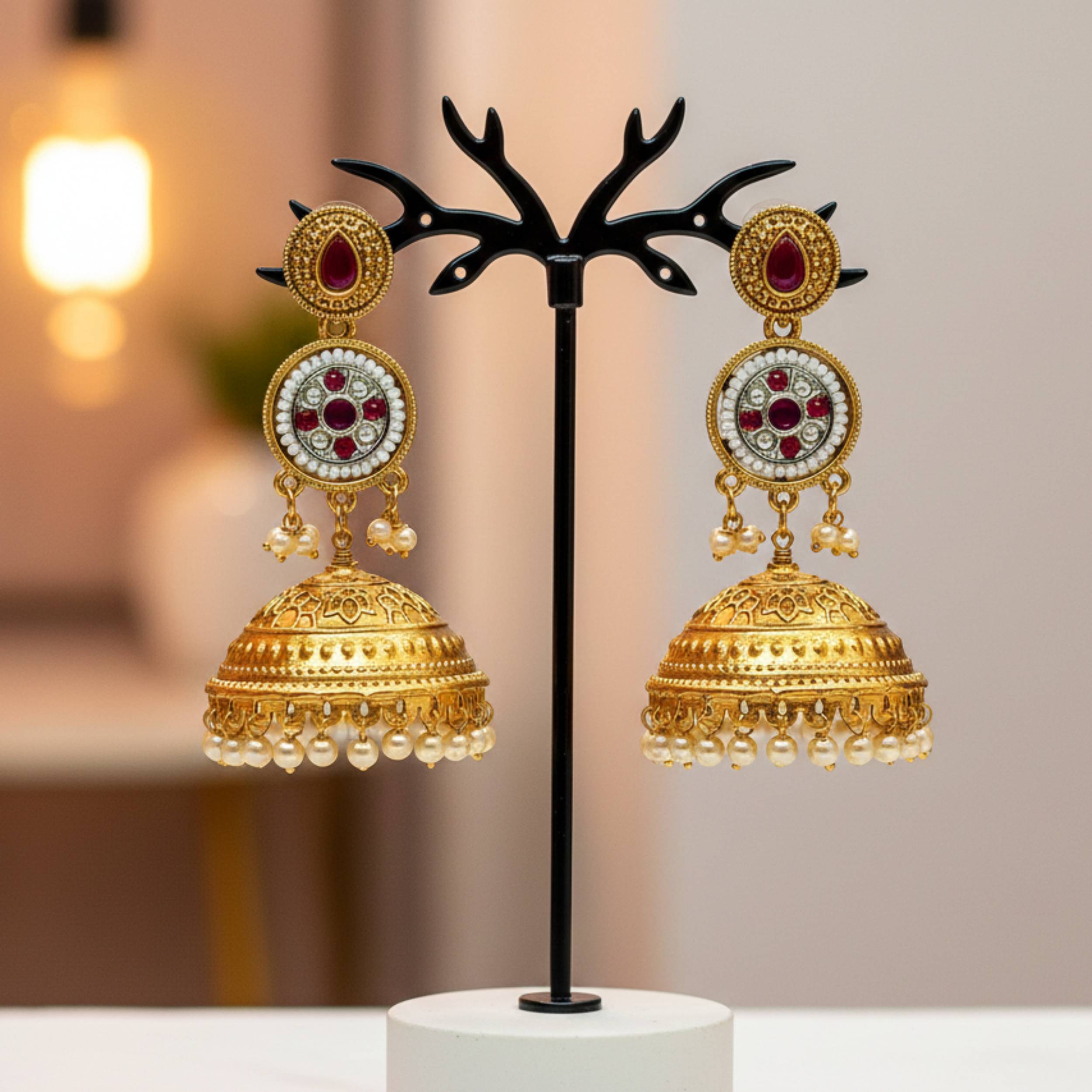 Triple Layer Ruby Jhumkas