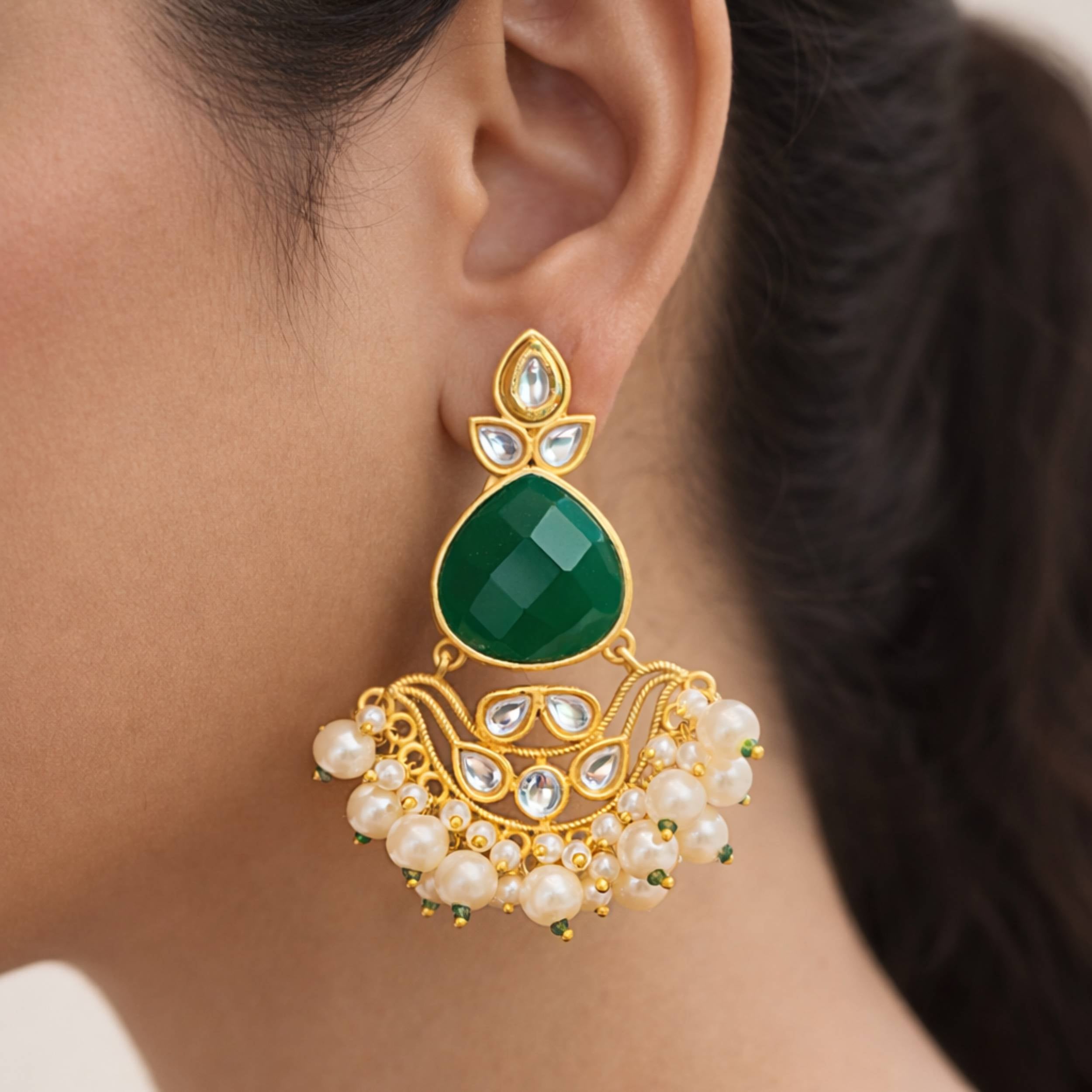 Emerald Green Kundan Danglers
