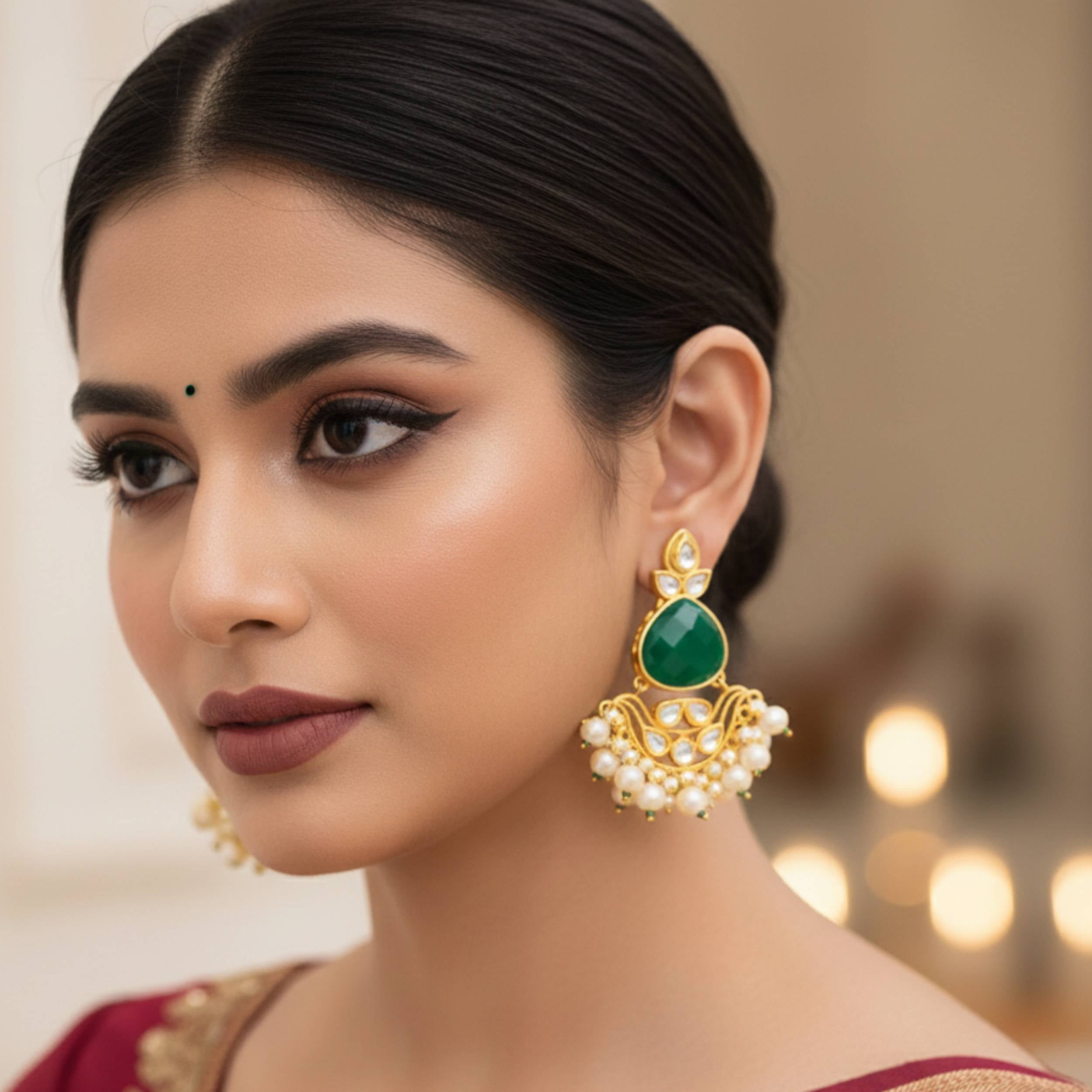 Emerald Green Kundan Danglers