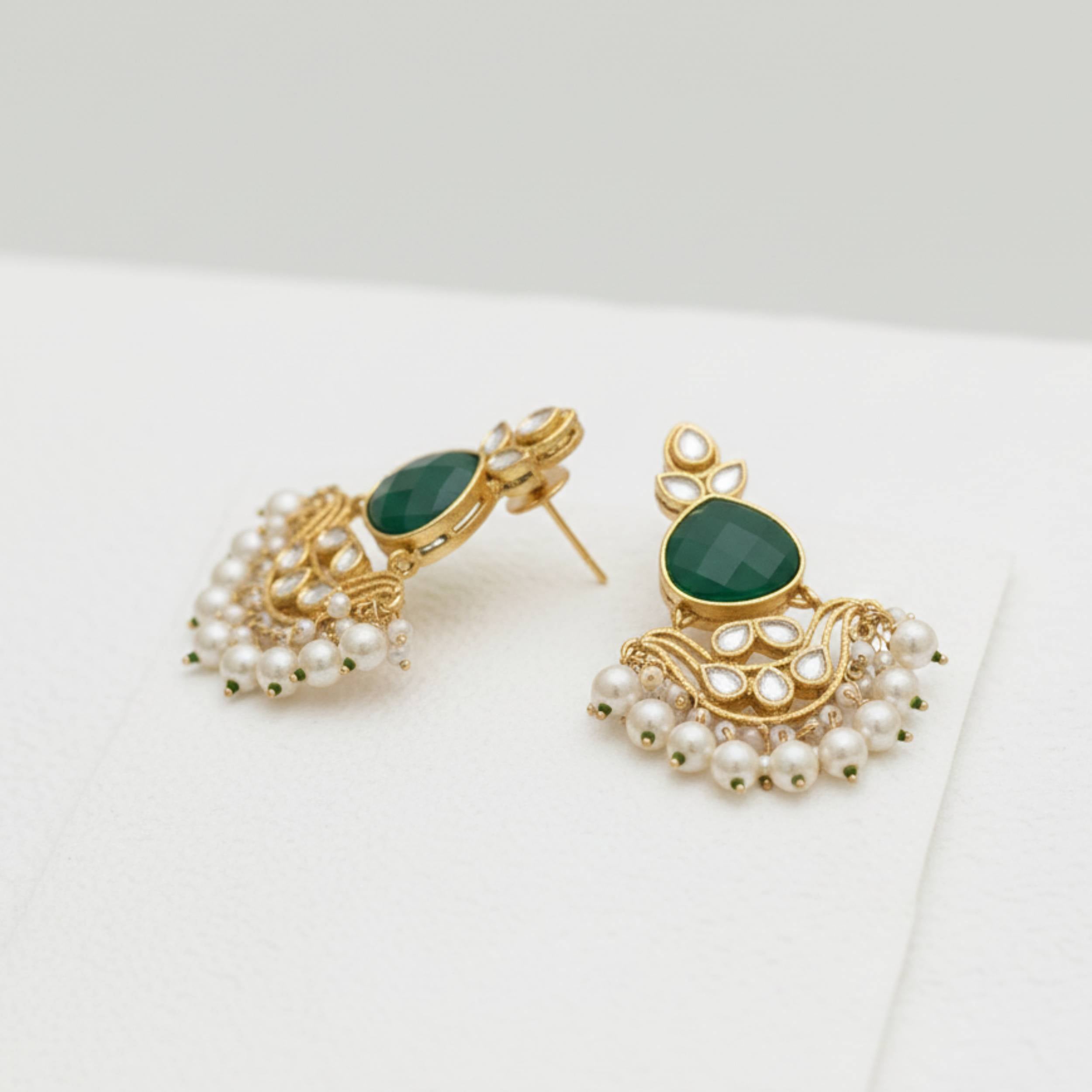 Emerald Green Kundan Danglers