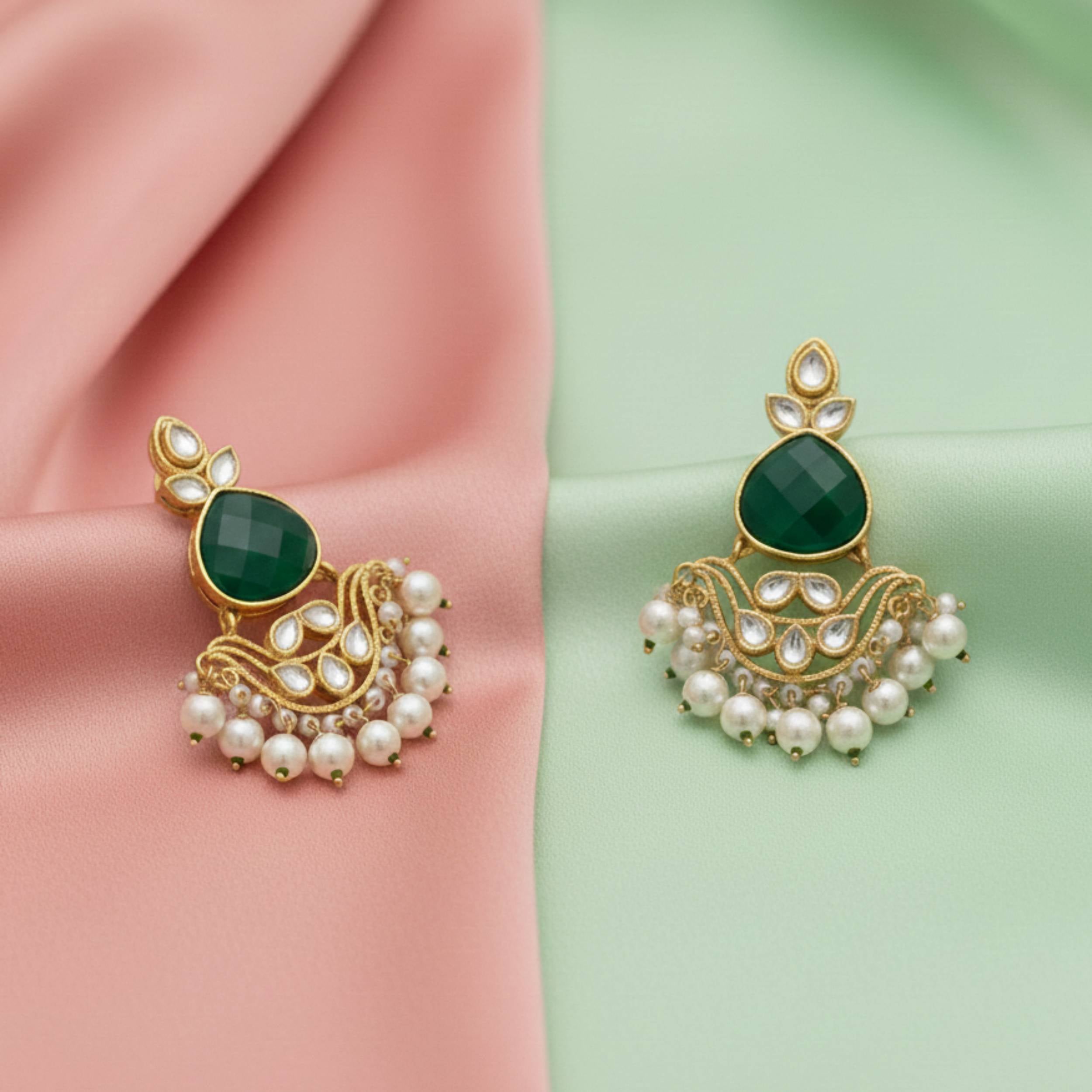 Emerald Green Kundan Danglers