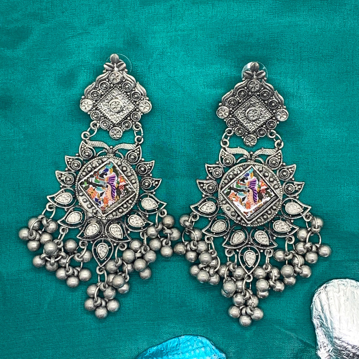 Oxidized Peacock Statement Chandbalis
