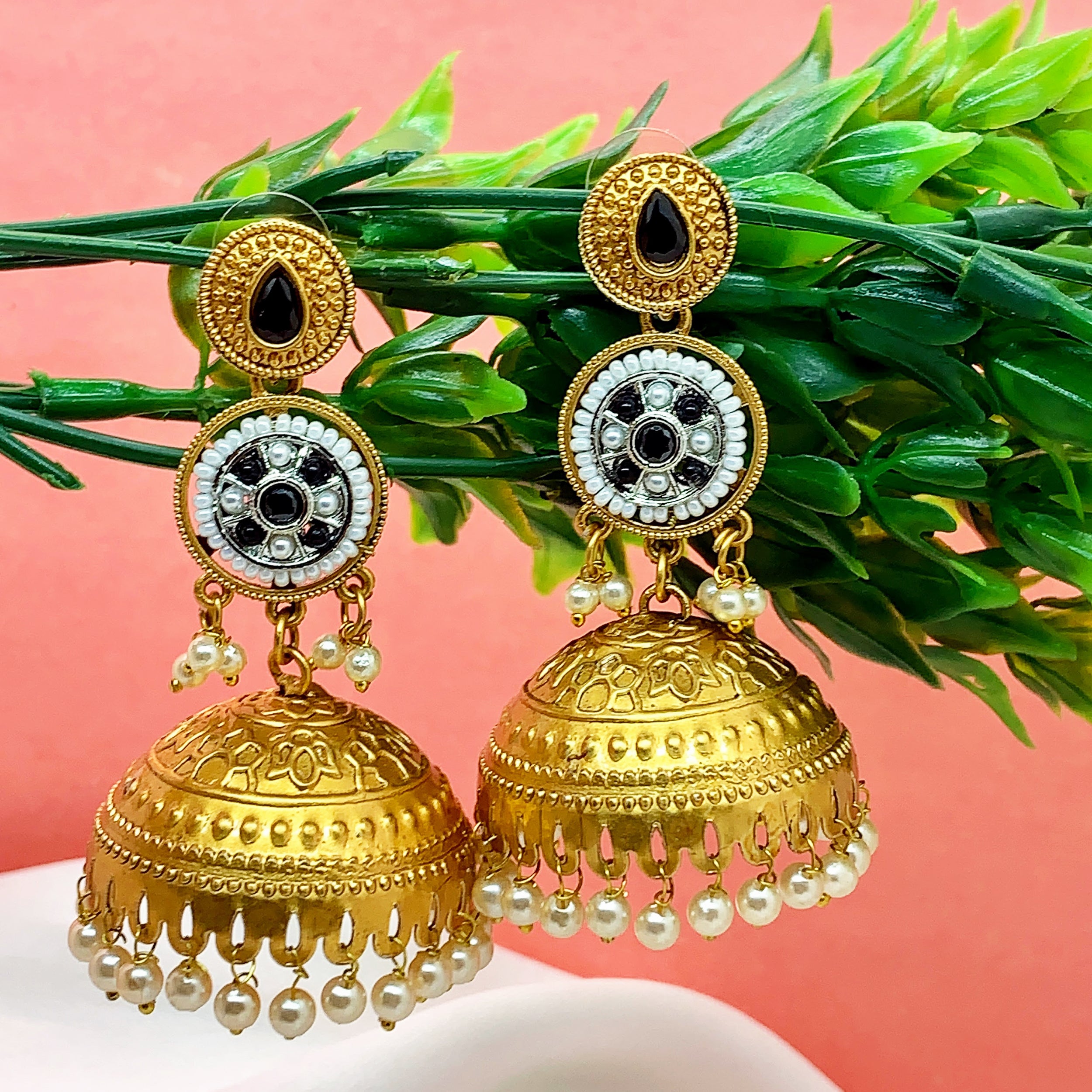 Royal Black Stone Gold-Tone Jhumki