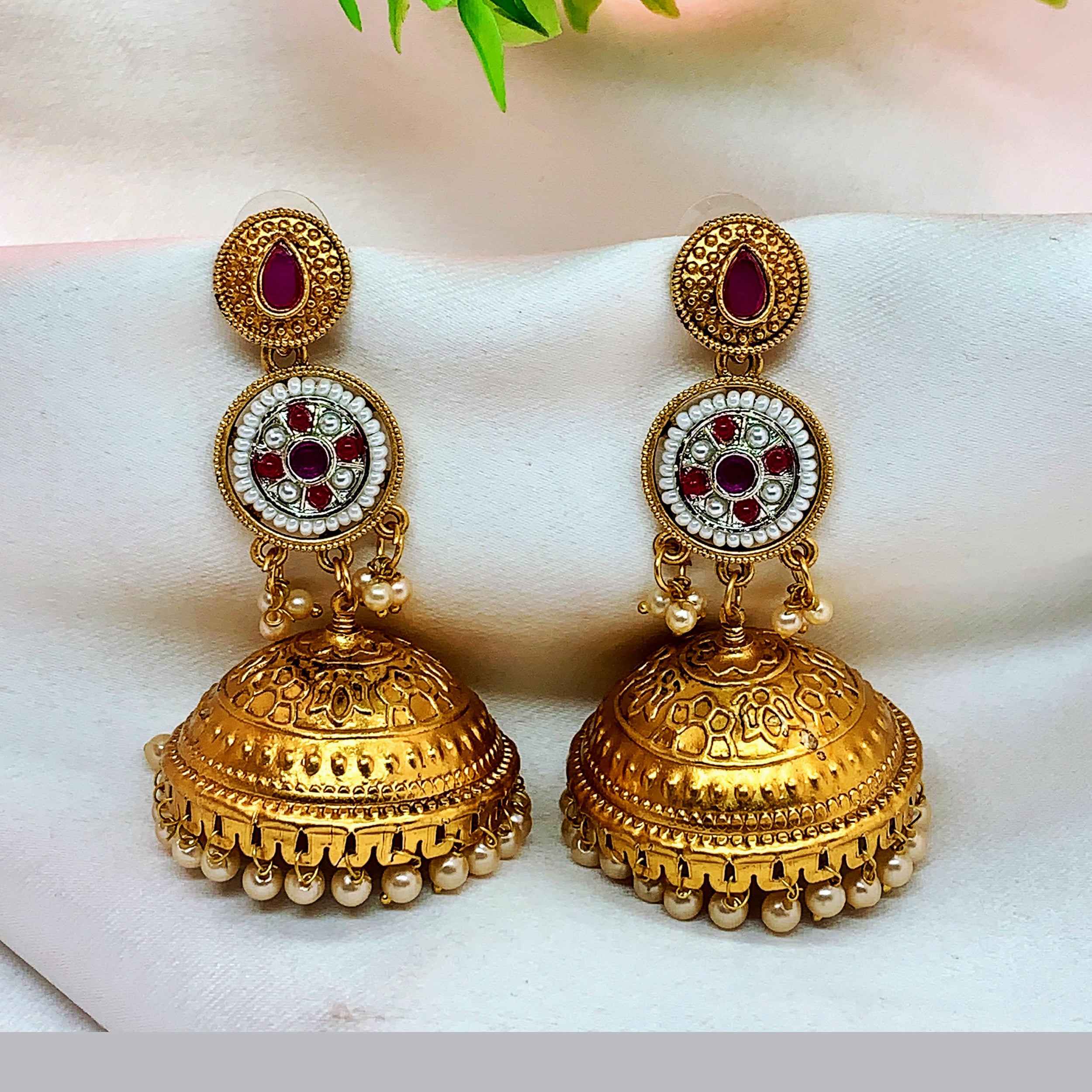 Triple Layer Ruby Jhumkas