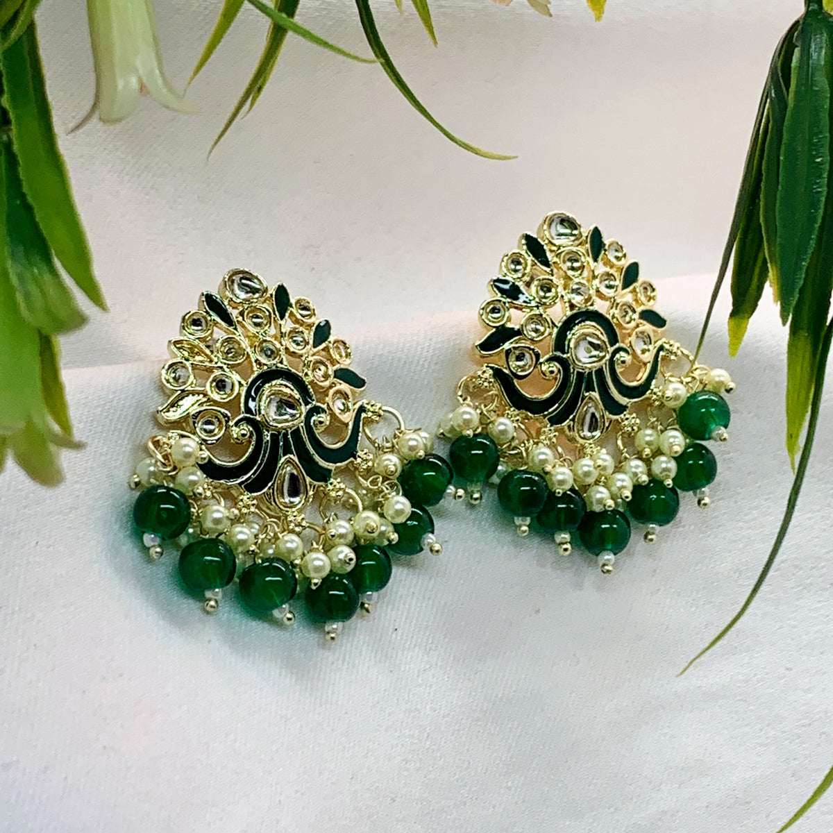 Green Meenakari Kundan Earrings