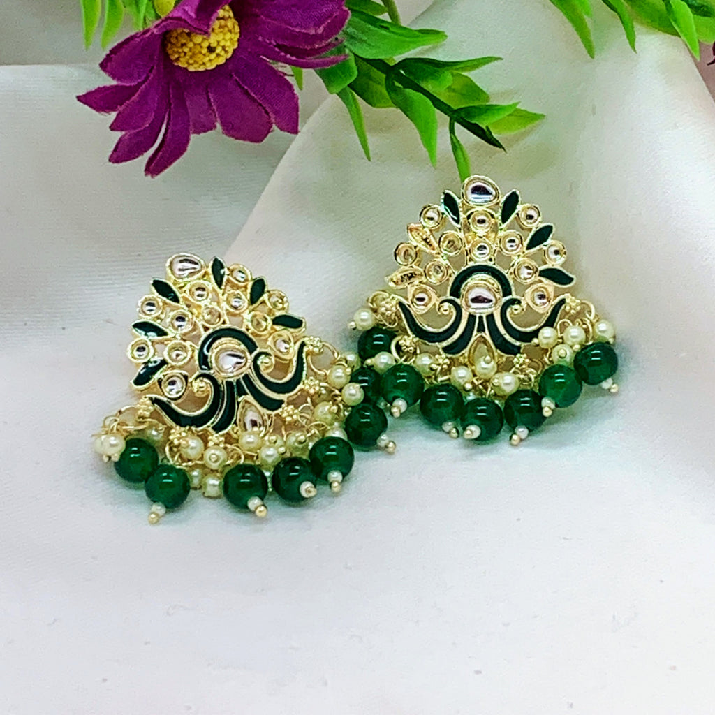 Artisan Enamel Gold-Tone Earrings with Green Drops