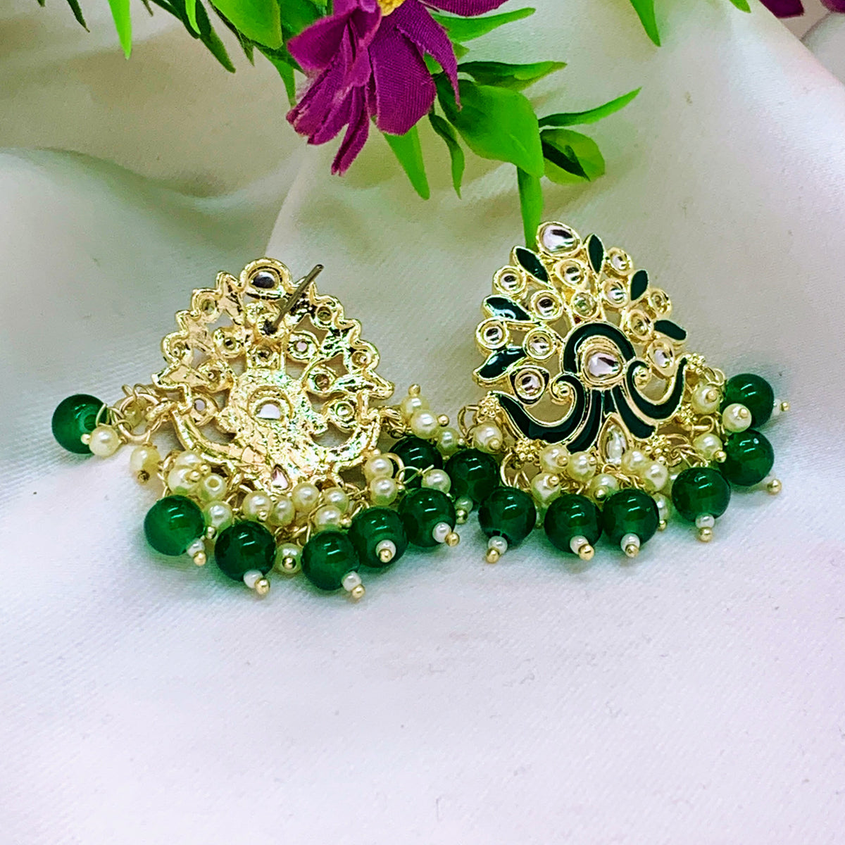 Green Meenakari Kundan Earrings