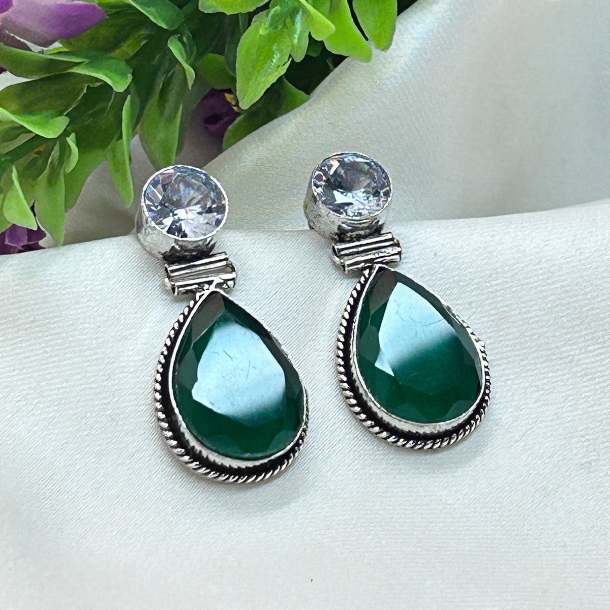 Solitaire and Green Drop Earrings