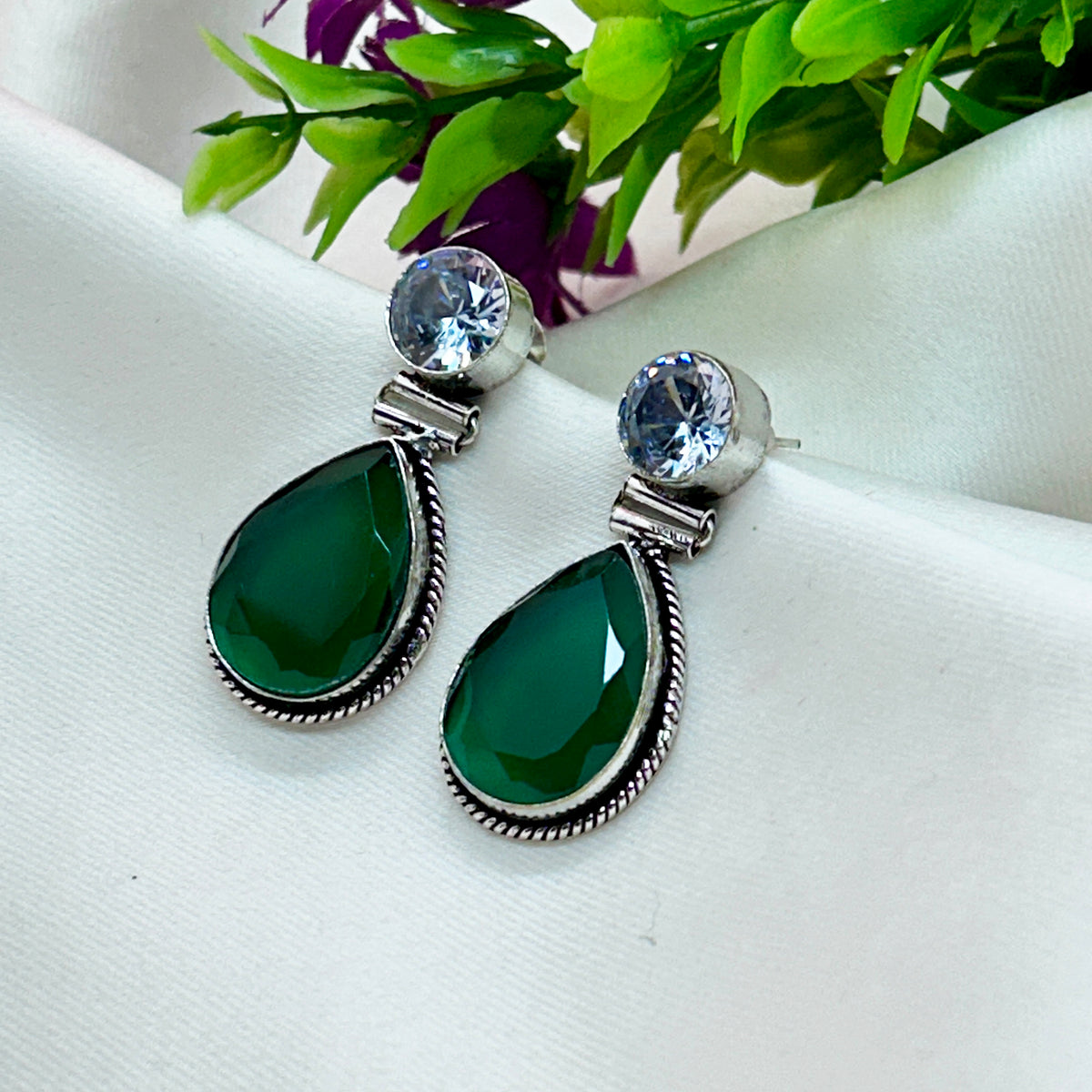 Solitaire and Green Drop Earrings