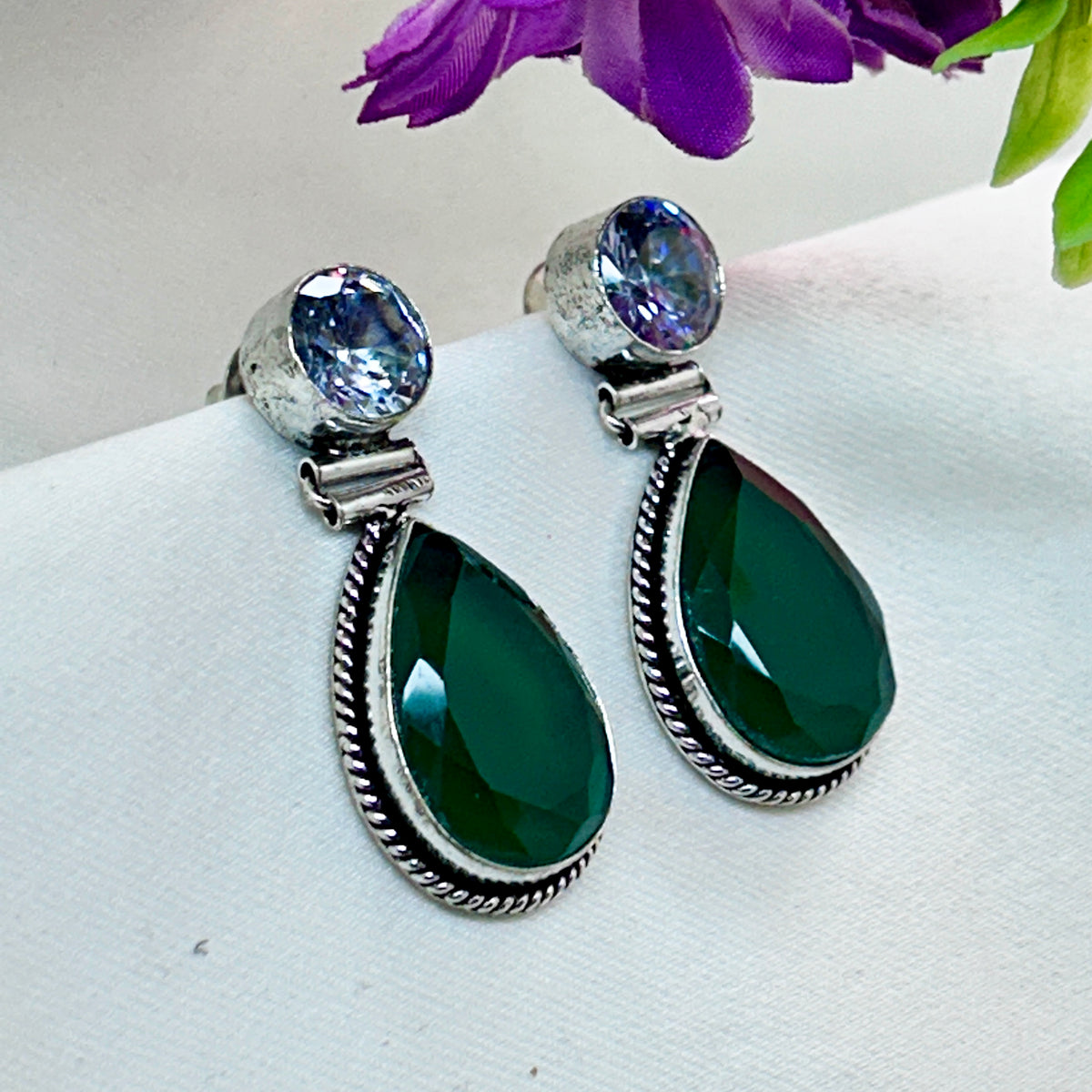 Solitaire and Green Drop Earrings