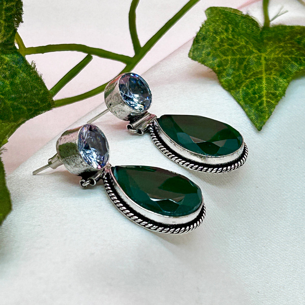 Solitaire and Green Drop Earrings