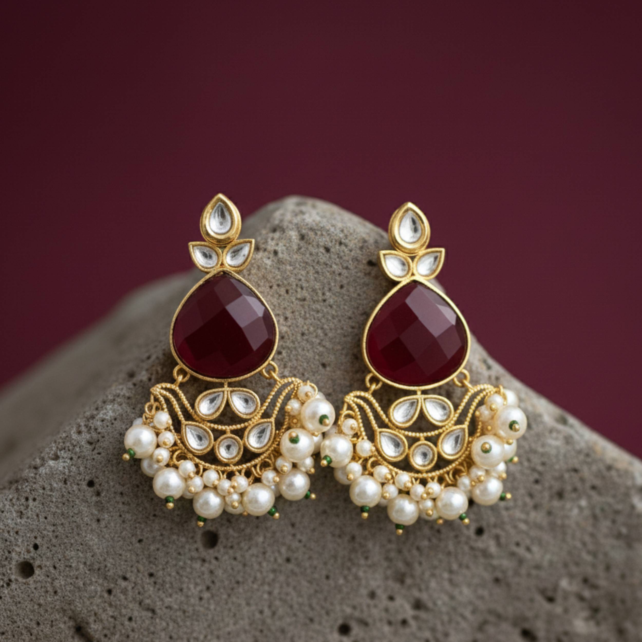 Shahi Crimson Polki & Pearl Earrings