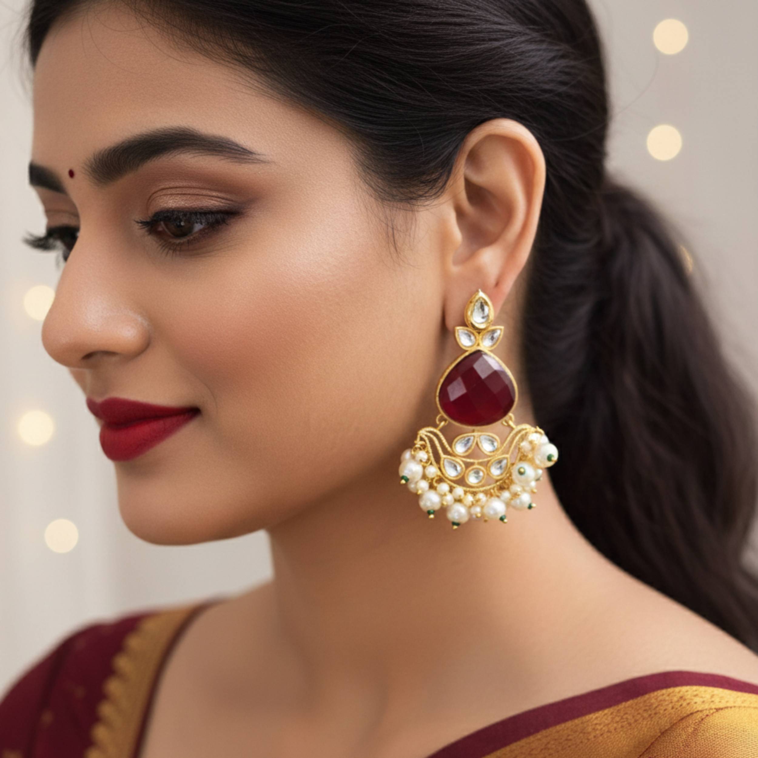 Shahi Crimson Polki & Pearl Earrings