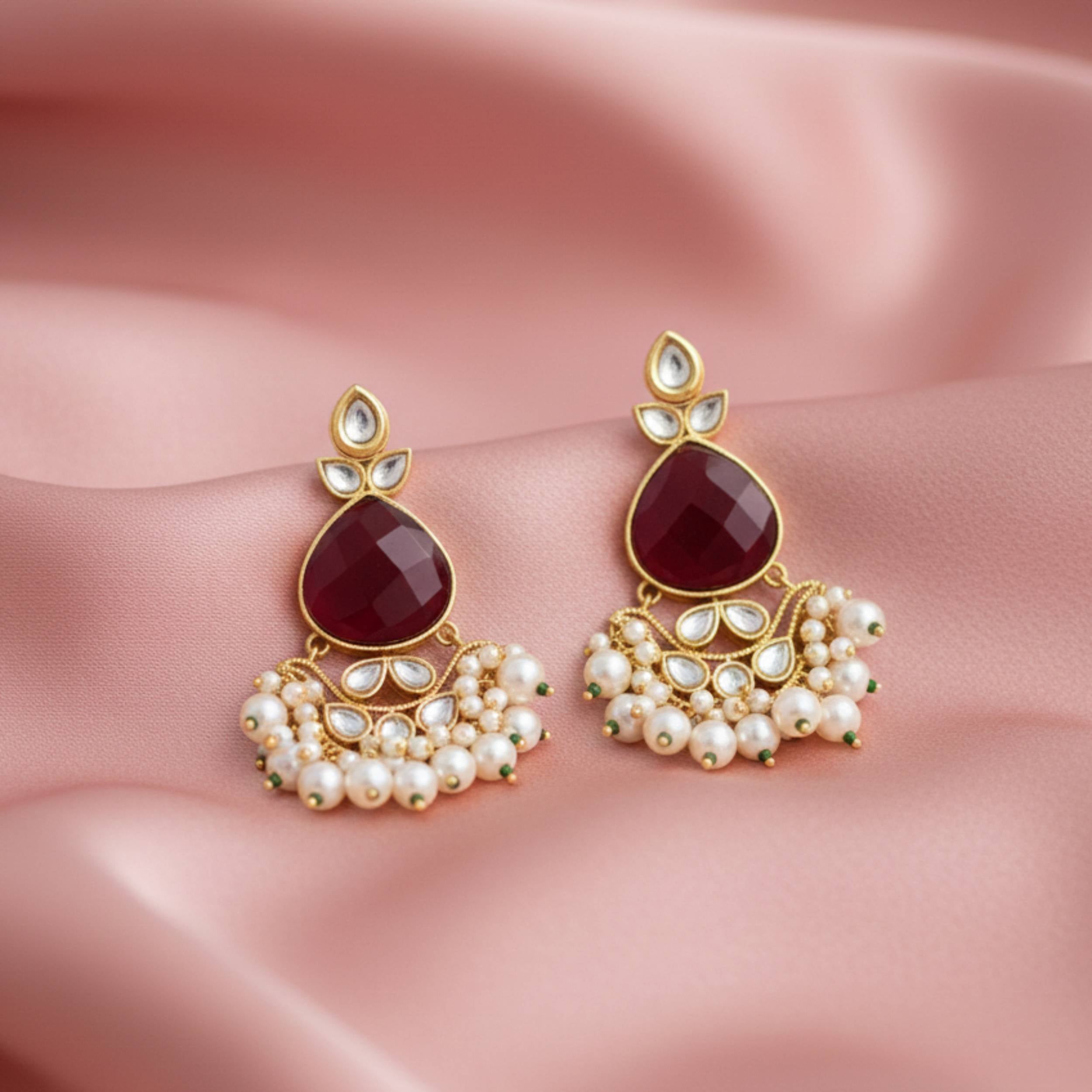 Shahi Crimson Polki & Pearl Earrings