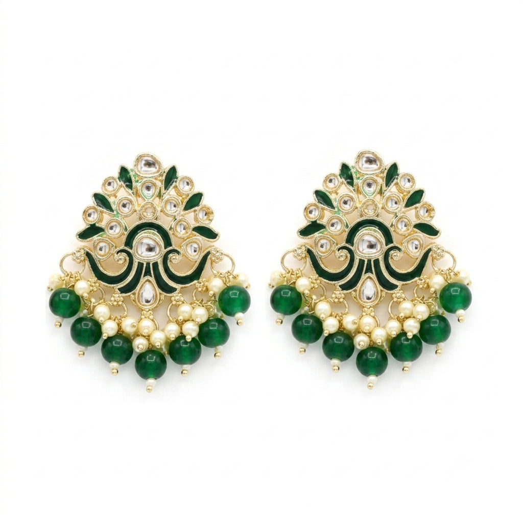 Artisan Enamel Gold-Tone Earrings with Green Drops